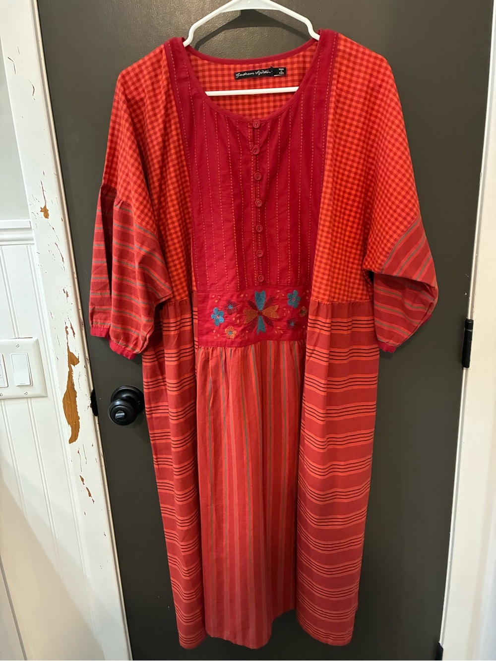 Gudrun Sjoden Red Cotton Tunic Dress with Blue and Red Floral Embroidery